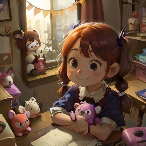 a girl sitting at a desk with stuffed animals in front of her and a book in front of her