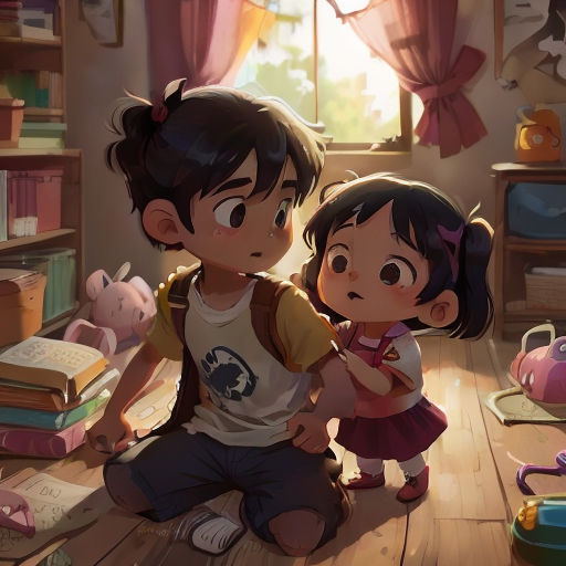 a boy and a girl sitting on the floor in a room with books and toys on the floor and a window