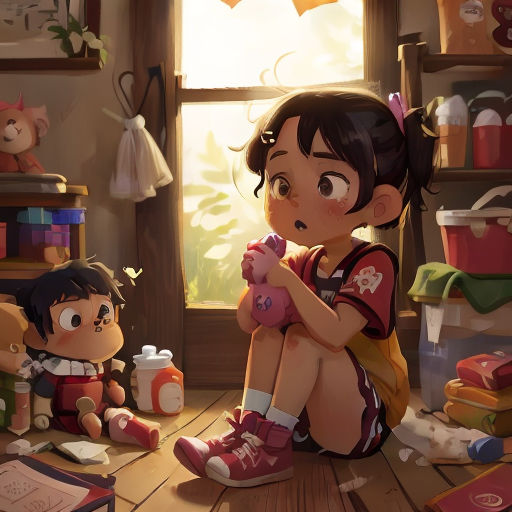 a girl sitting on the floor next to a window with a stuffed animal next to her and a doll next to her
