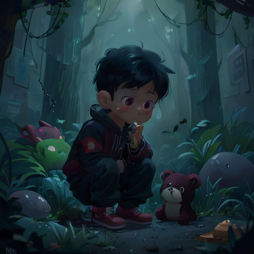 a boy kneeling down in the forest with a teddy bear next to him and a flashlight in his hand