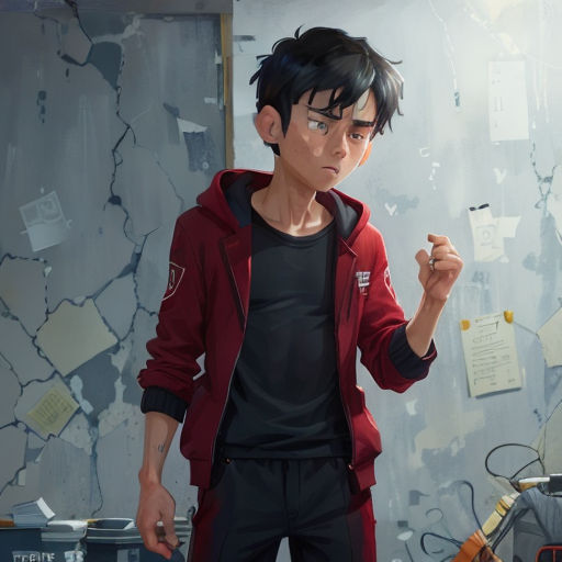 a man in a red jacket smoking a cigarette in a room with a wall covered in papers and papers