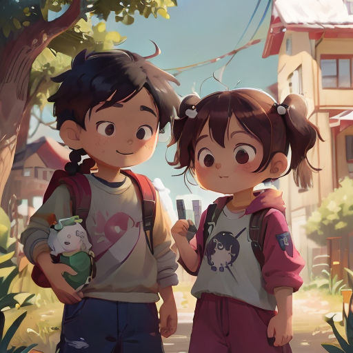 two children standing next to each other in front of a tree and a house with a cat on it