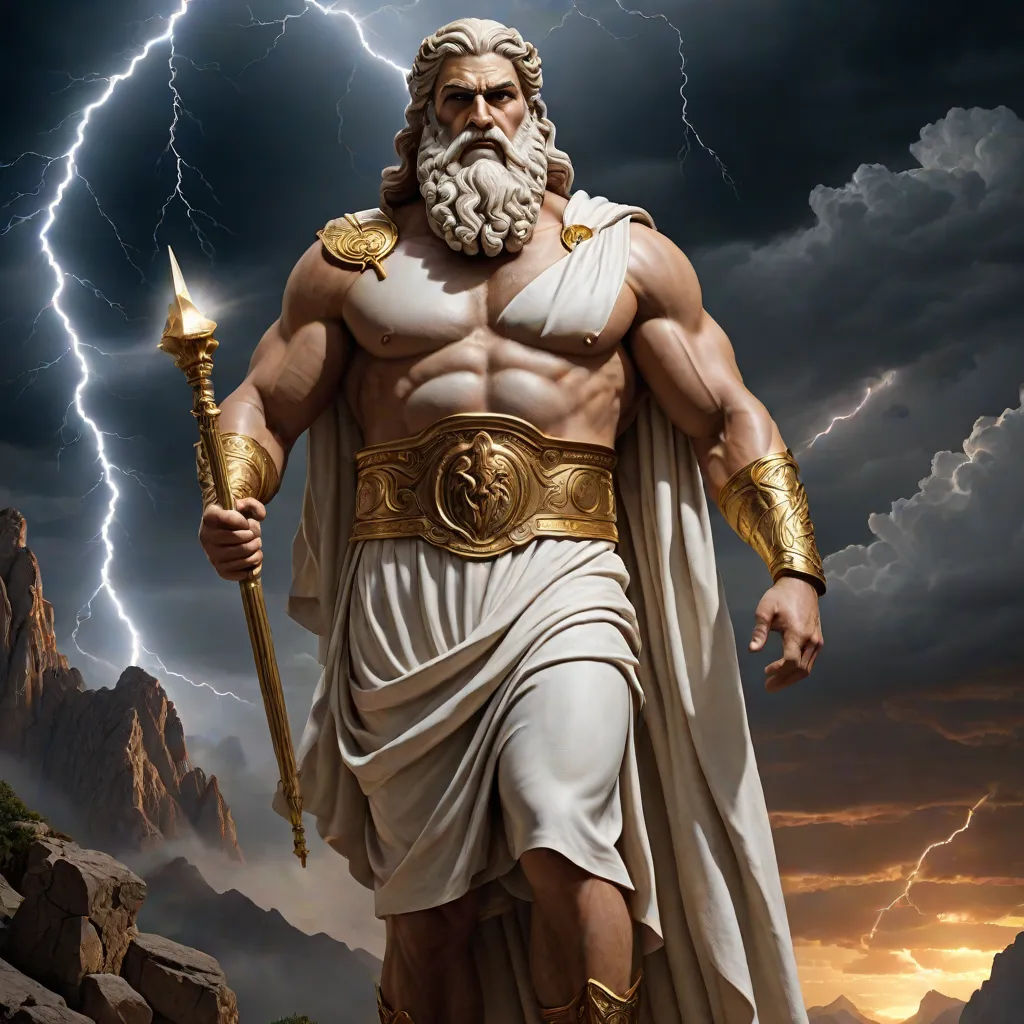 a statue of a man with a beard and a beard holding a staff in front of a lightning storm, neoclassicism, a statue, Christophe Vacher, epic fantasy character art
