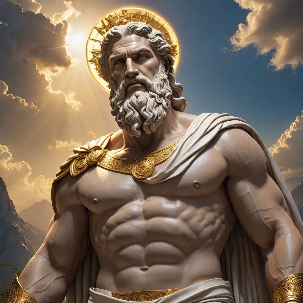 a statue of a man with a beard and a cross on his chest and a sky background with clouds, neoclassicism, a marble sculpture, Boris Vallejo, muscular