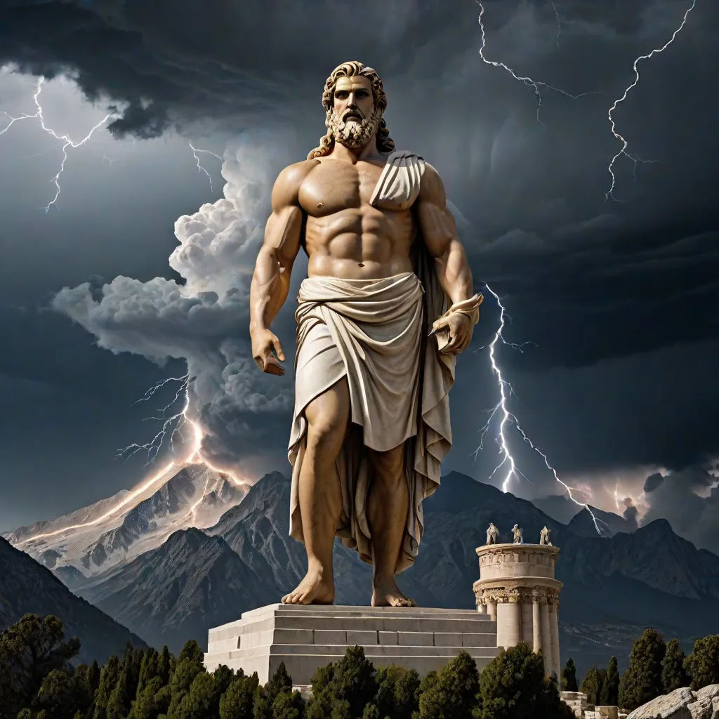 a statue of a man with a beard and a beard standing in front of a mountain with a lightning behind him, neoclassicism, a statue, F. Scott Hess, storm