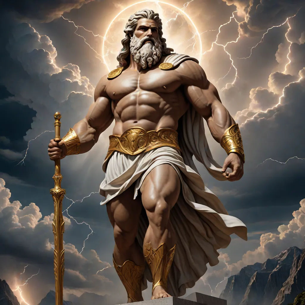 a painting of a man with a sword and a beard standing on a rock in front of a cloudy sky, neoclassicism, a statue, Christophe Vacher, muscular