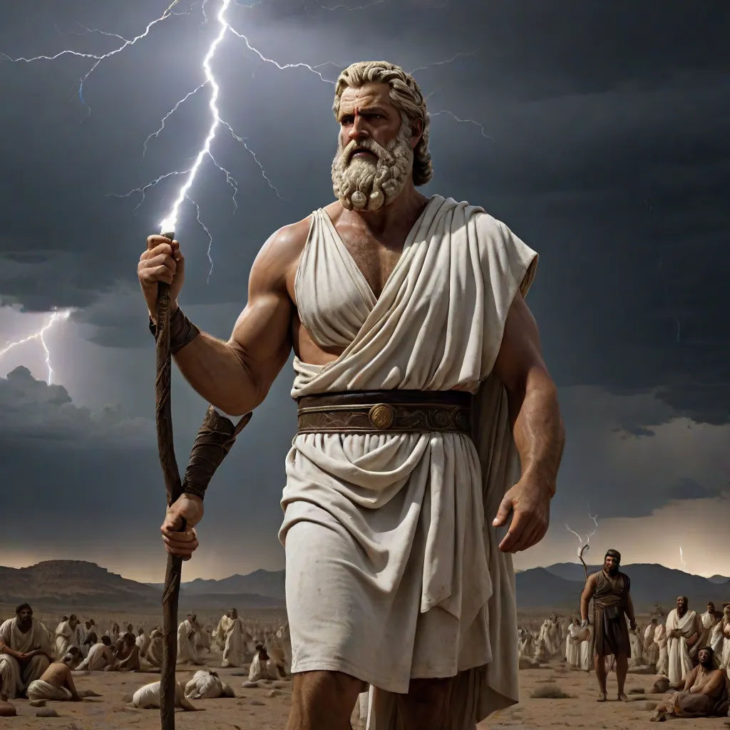 a man with a staff and a lightning bolt in the background of a desert scene with men in the foreground, neoclassicism, a detailed matte painting, F Scott Hess, cinematic matte painting