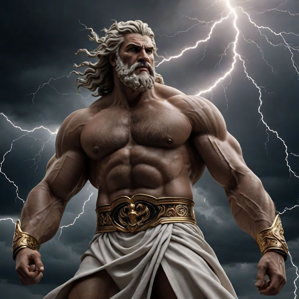 a man with a beard and a beard standing in front of a lightning storm with his hands on his hips, neoclassicism, a digital rendering, Daryush Shokof, epic fantasy character art