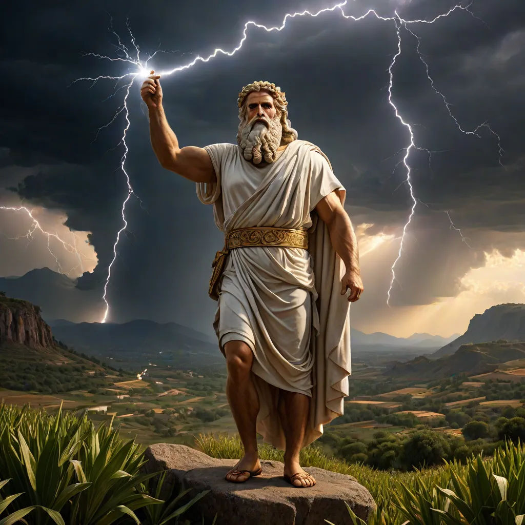 a man with a beard and a beard standing on a rock in front of a storm with lightning behind him, shock art, a detailed matte painting, Daryush Shokof, epic fantasy character art