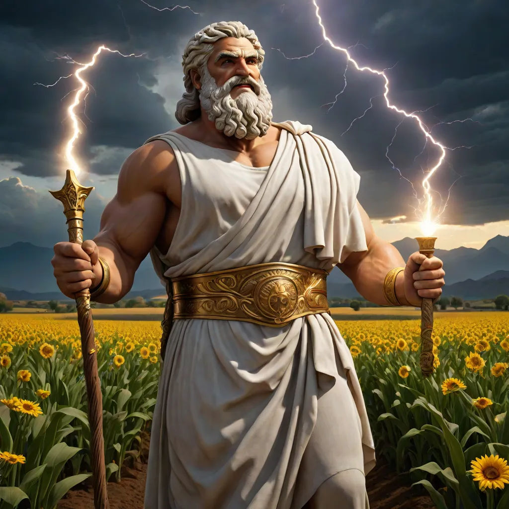 a man with a beard and a beard standing in a field of sunflowers holding two torches and a lightning bolt, symbolism, a statue, Daryush Shokof, arnold render