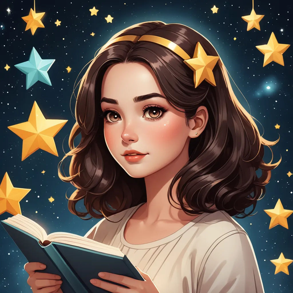 a girl reading a book with stars around her head and a blue background with stars on it, and a blue sky with stars, fantasy art, a character portrait, Charlie Bowater, fantasy character portrait