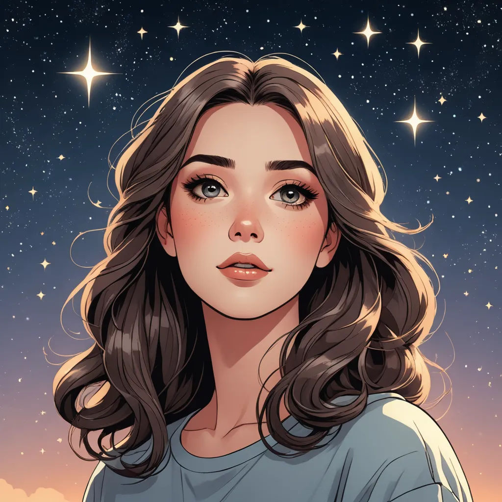 a woman with long hair and stars in the background, looking at the sky with stars on her head, space art, a character portrait, Charlie Bowater, rossdraws global illumination