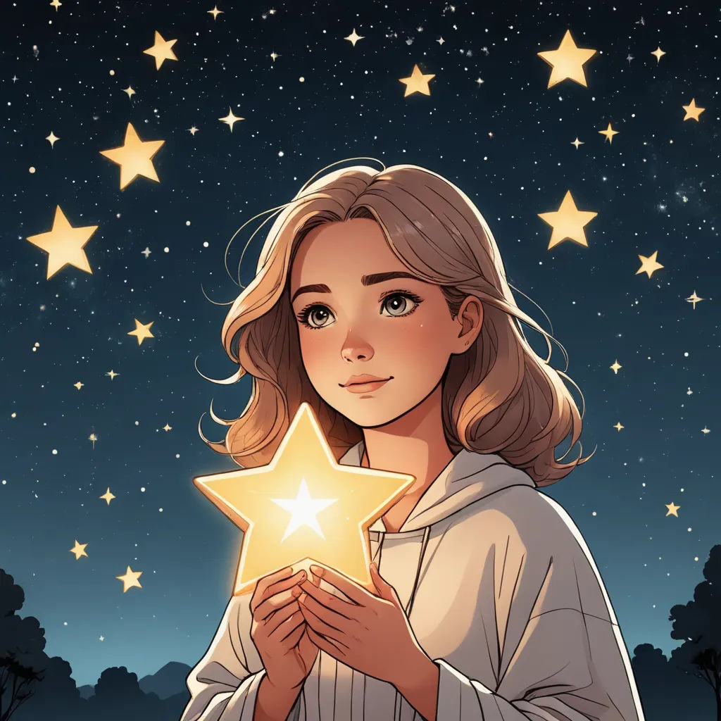 a girl holding a star in her hands with stars in the background of the sky above her head and trees, space art, a storybook illustration, Atey Ghailan, stars