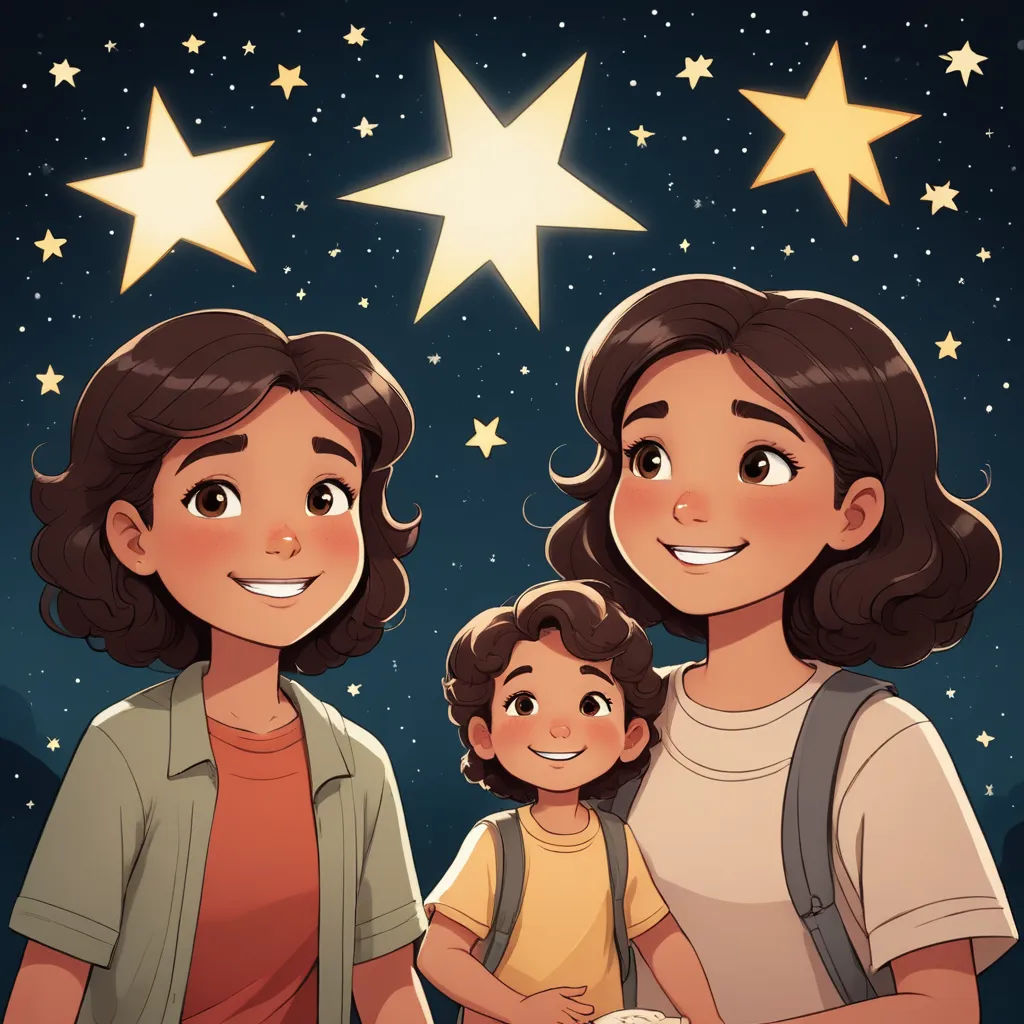 a family standing under a star filled sky with stars above them, and a child standing next to them, space art, a storybook illustration, Diego Gisbert Llorens, stars