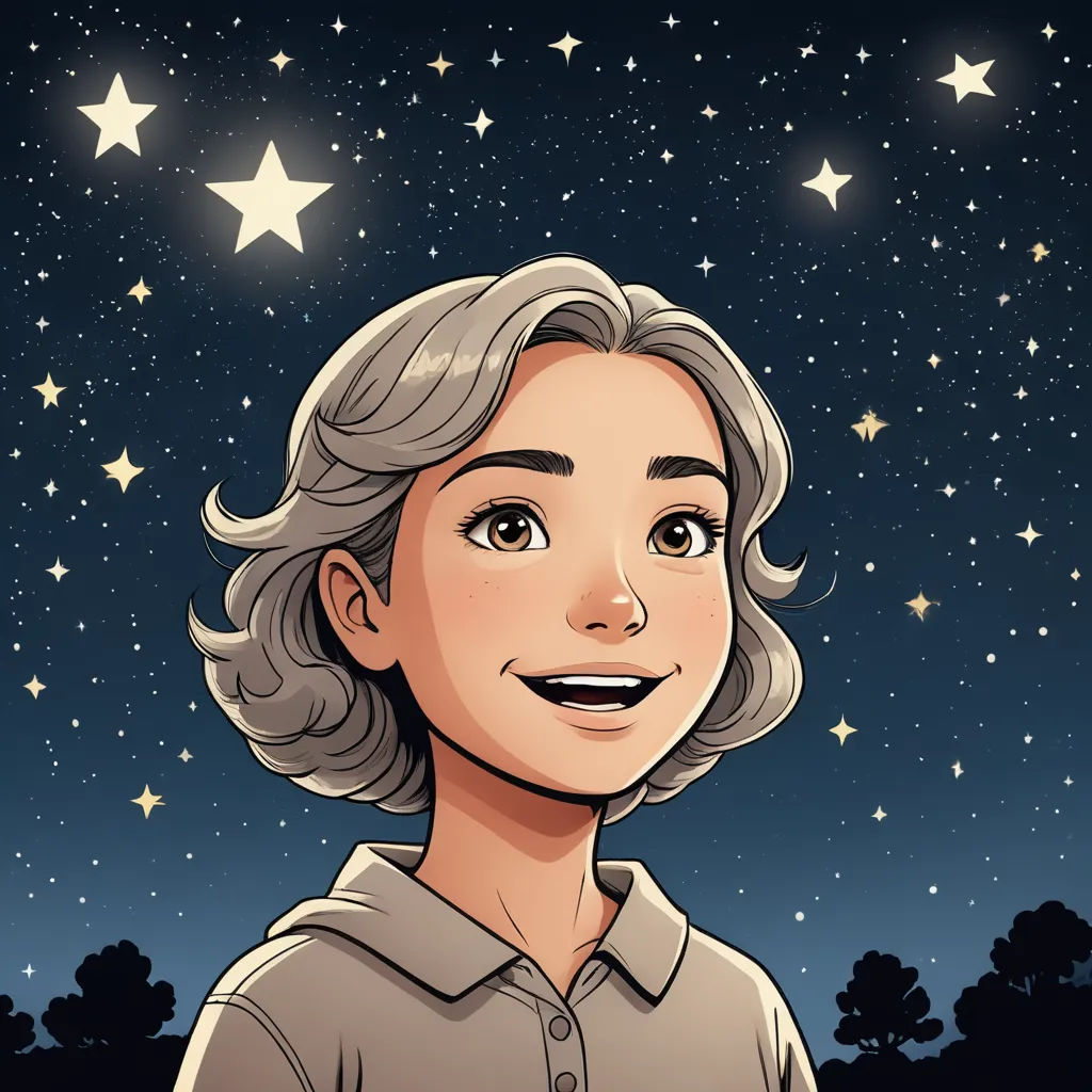 a cartoon of a woman smiling at the stars in the sky above her head, with a sky full of stars behind her, space art, a character portrait, Elinor Proby Adams, stars