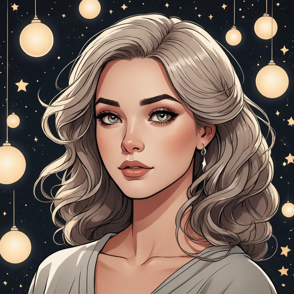 a woman with blonde hair and a gray top is looking at the camera with stars and lights in the background, fantasy art, a character portrait, Charlie Bowater, soft lighting