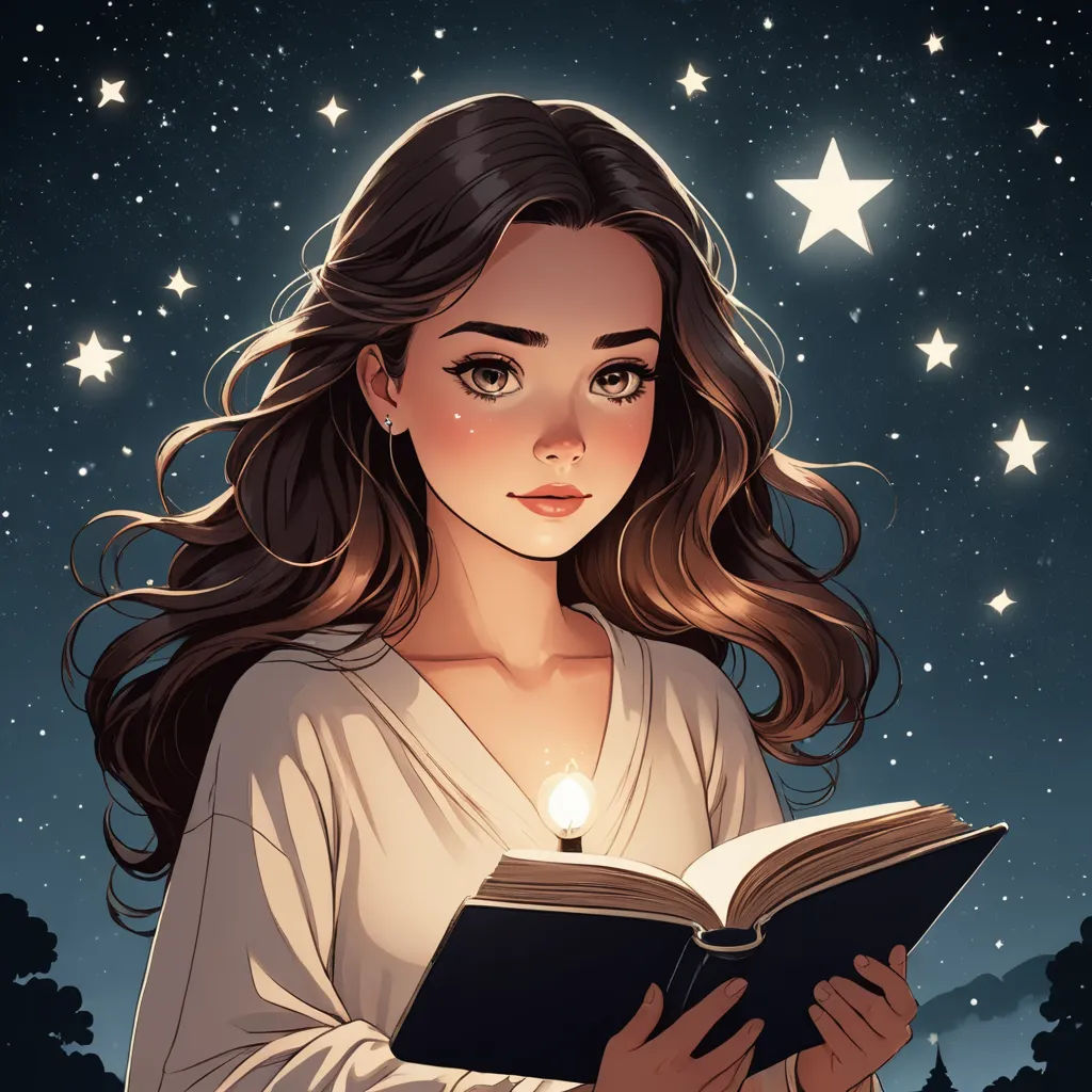 a woman holding a book in her hands and a candle in her hand, with stars in the background, fantasy art, a storybook illustration, Charlie Bowater, storybook illustration