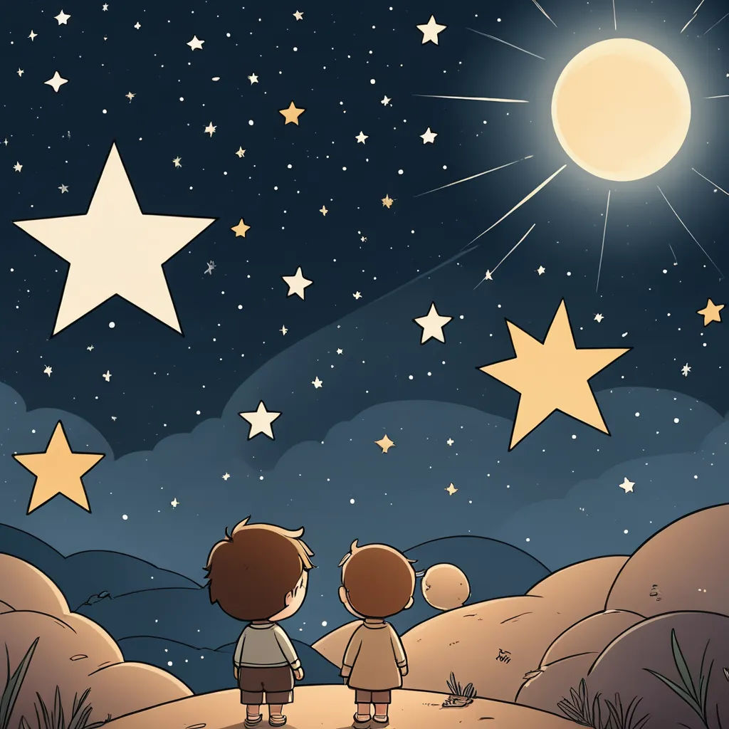 two children looking at the stars in the sky above them, with a full moon in the background and a star - filled sky, space art, a storybook illustration, Atey Ghailan, stars