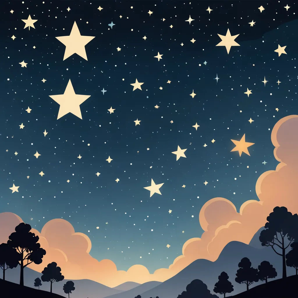 a night sky with stars and clouds and trees on the hill side and a hill below it with a few trees, space art, a storybook illustration, Diego Gisbert Llorens, stars