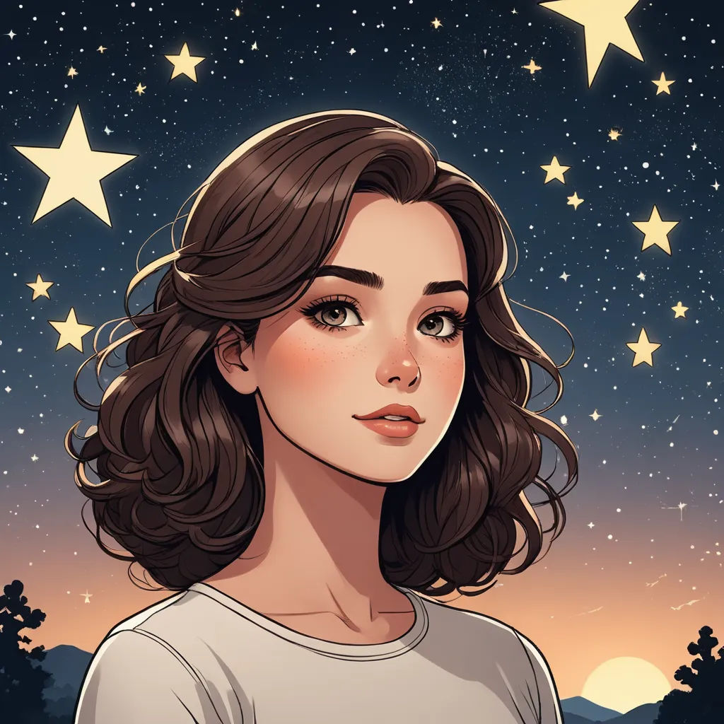 a woman with long hair and stars in the sky above her head, looking at the camera, with a night sky background, space art, a character portrait, Atey Ghailan, stars