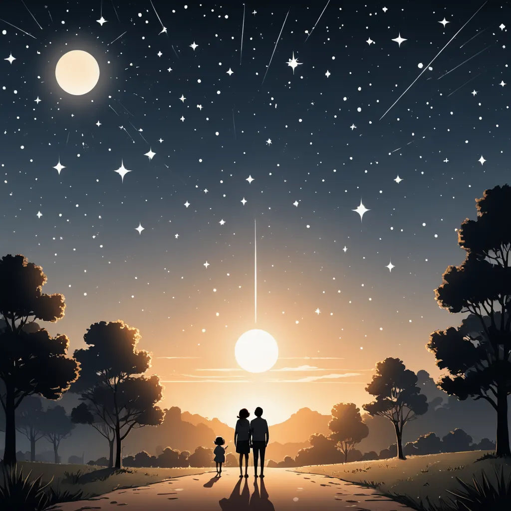 a couple of people standing on a road under a sky full of stars and the sun shining down on them, space art, a storybook illustration, Chris LaBrooy, detailed illustration