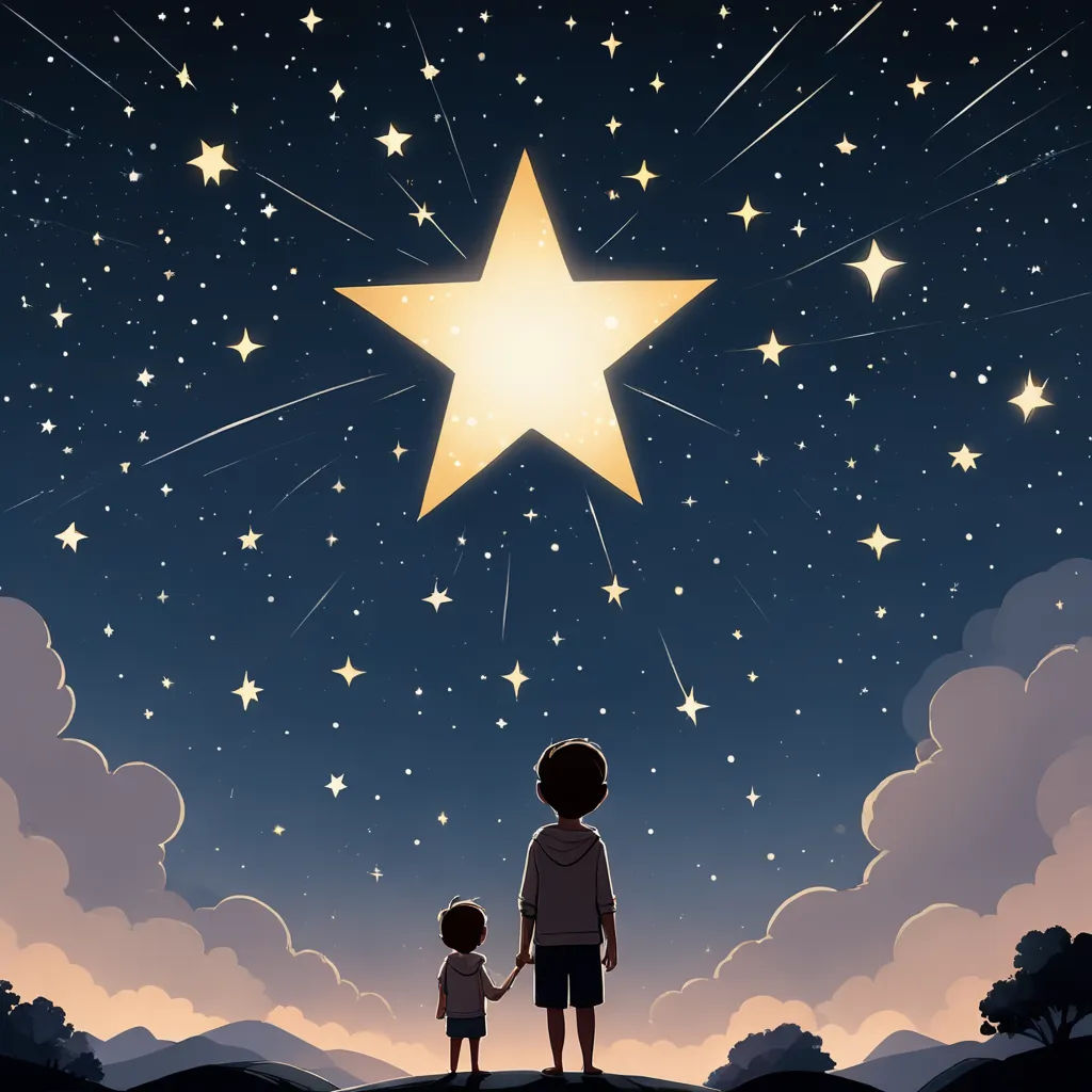 a child and a person standing in front of a star in the sky with stars above them and clouds, space art, a storybook illustration, Diego Gisbert Llorens, stars