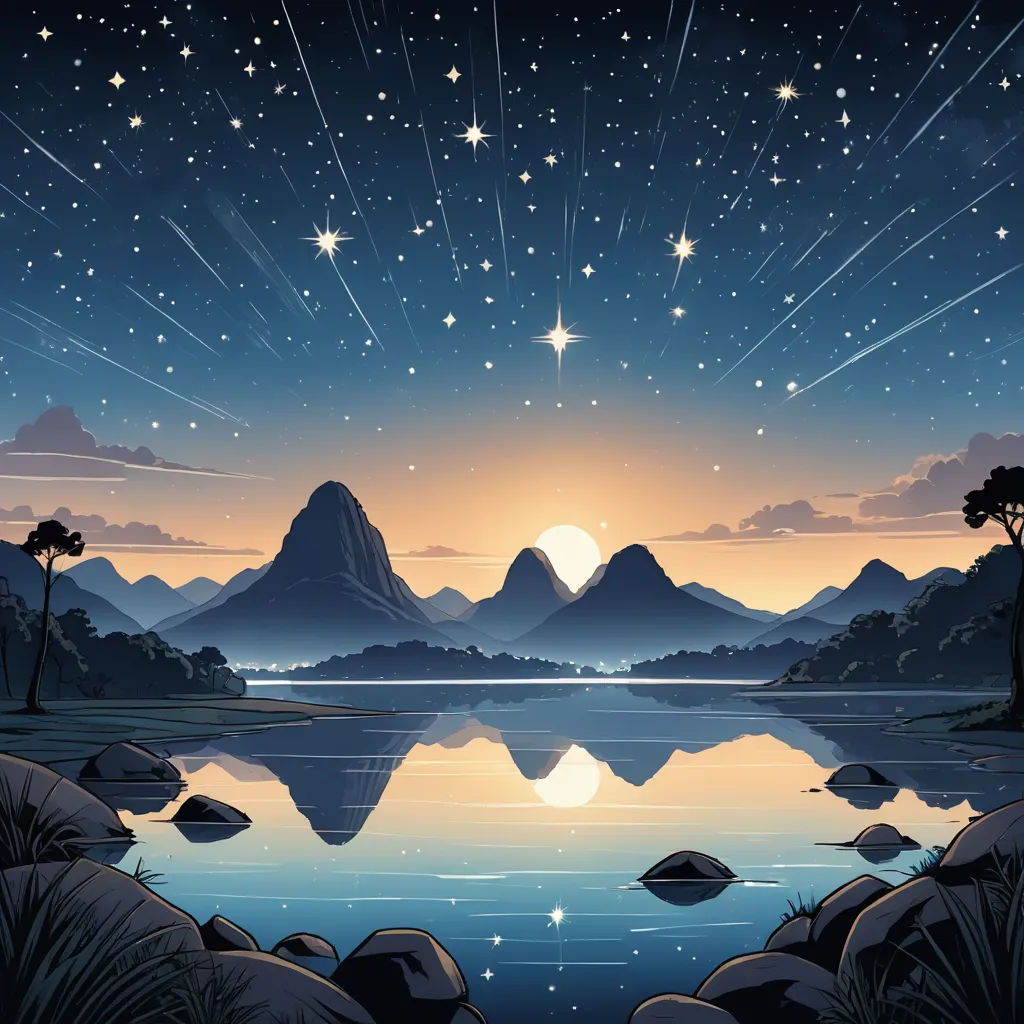 a night scene with mountains and a lake with stars in the sky and a star filled sky above it, space art, a detailed matte painting, Dan Mumford, stars