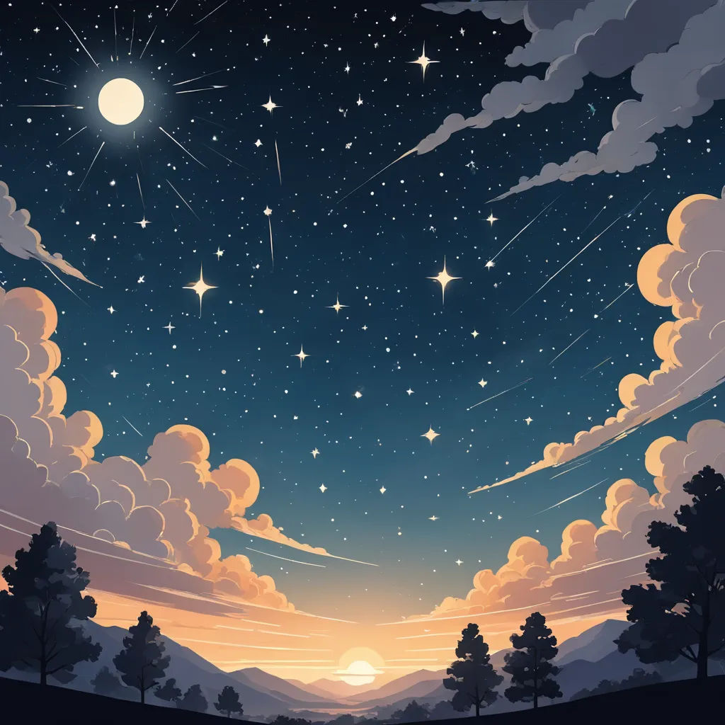 a painting of a night sky with stars and clouds and trees in the foreground and a full moon in the background, space art, a storybook illustration, Dan Mumford, night sky