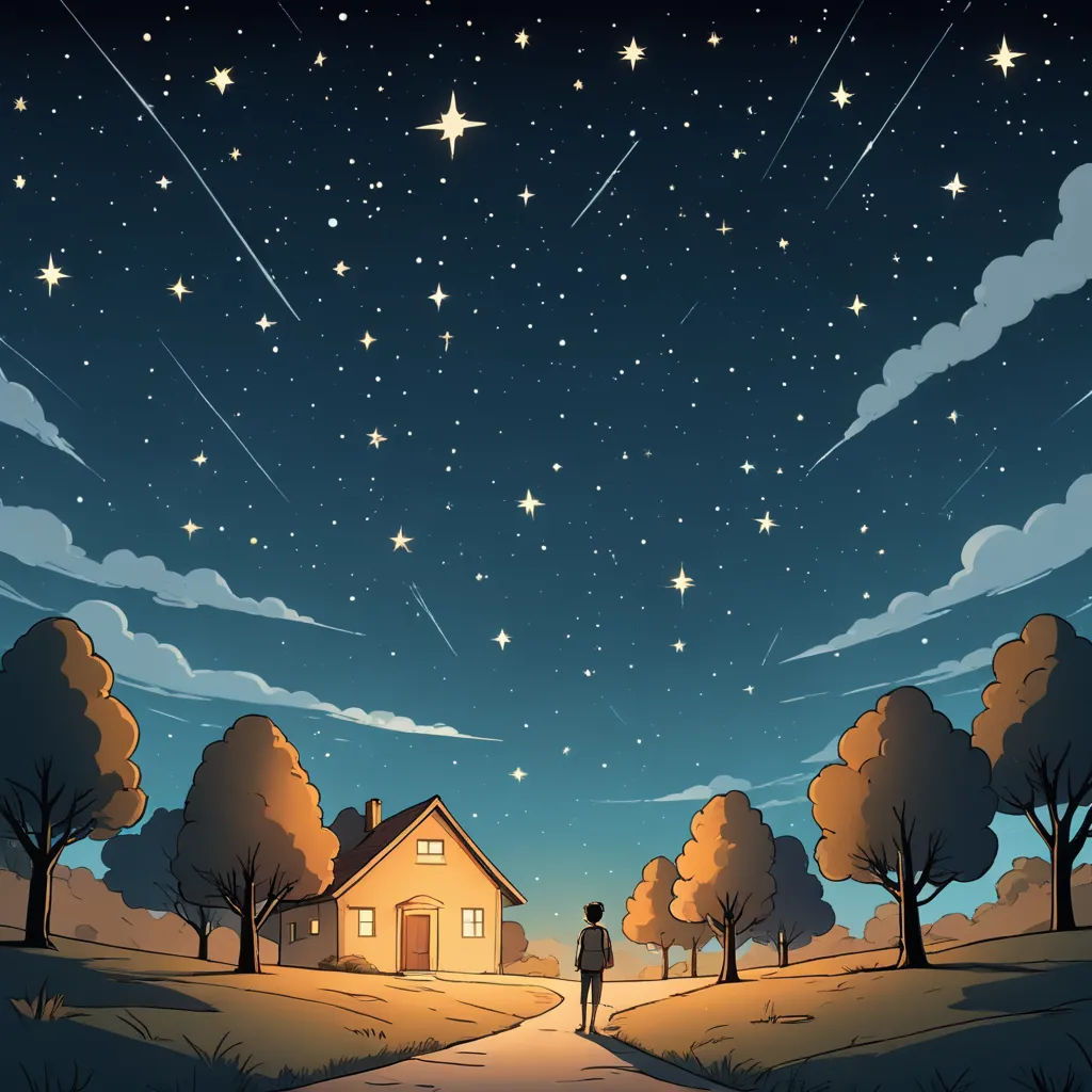 a person standing on a road in front of a house under a night sky with stars and a shooting star, space art, a storybook illustration, Atey Ghailan, stars