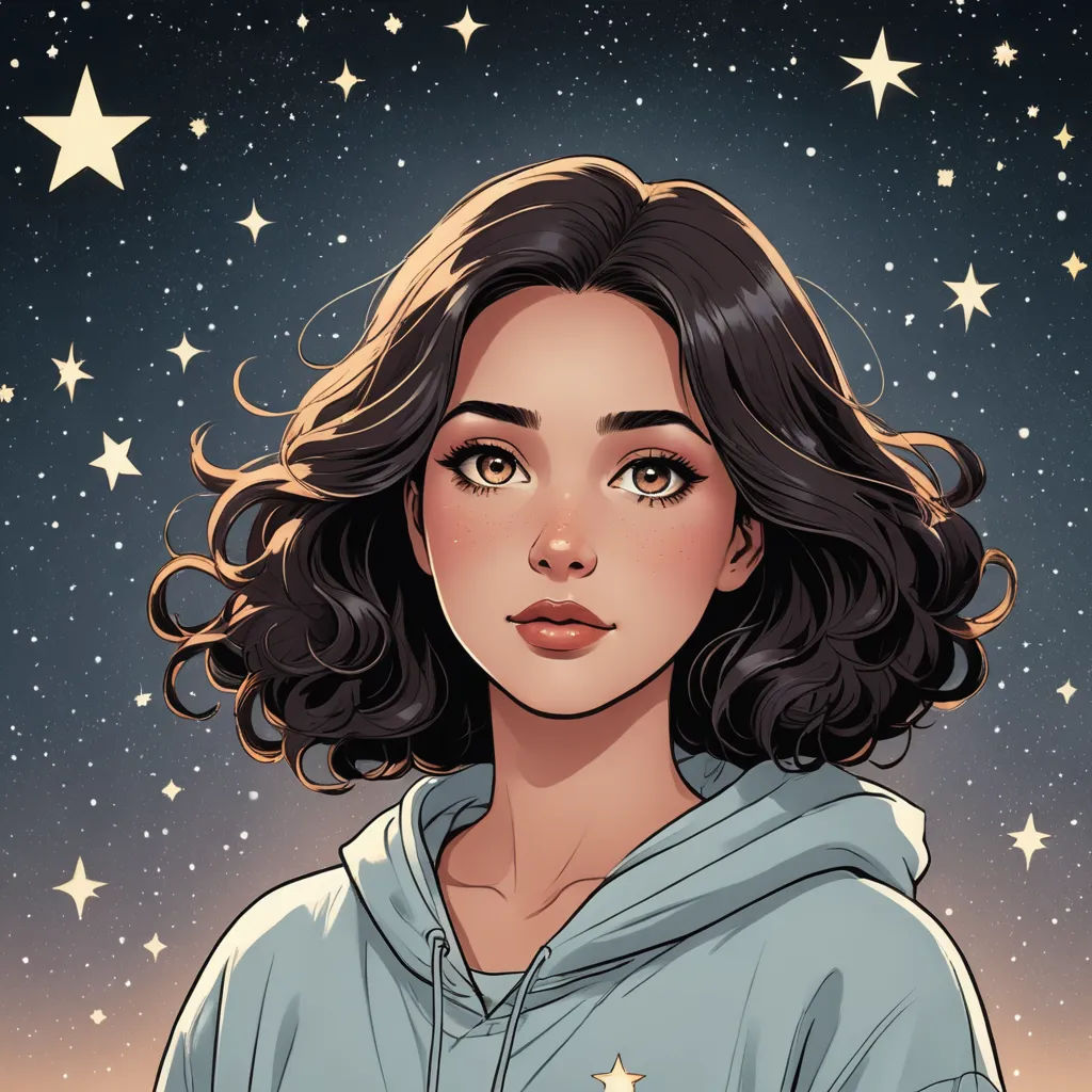 a woman with a hoodie on and stars in the background of the sky above her head is a portrait of a woman with a hoodie on, space art, a character portrait, Charlie Bowater, stars