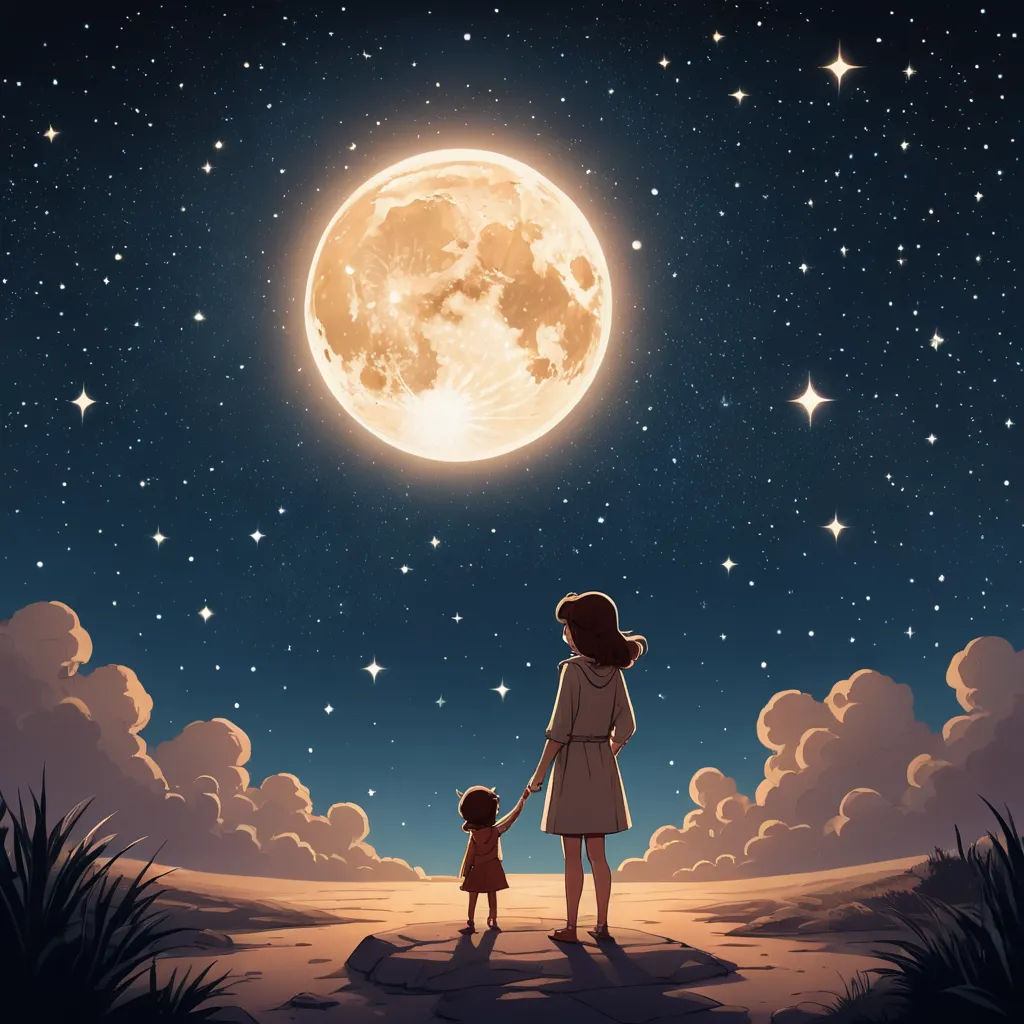 a woman and a child standing in the desert under a full moon with stars and clouds in the sky, space art, a storybook illustration, Atey Ghailan, moon