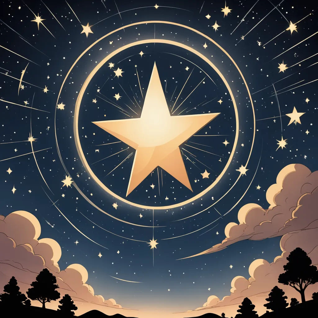 a star is in the sky with clouds and trees around it, and a night sky with stars and clouds, space art, a storybook illustration, David Martin, stars