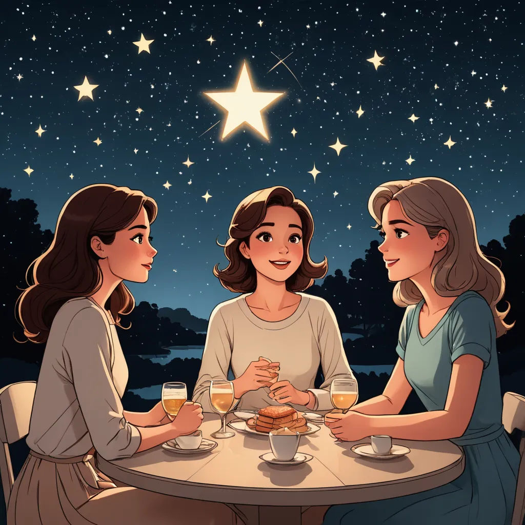three women sitting at a table with a star above them and a sky full of stars above them, with a star above them, space art, a storybook illustration, Atey Ghailan, stars