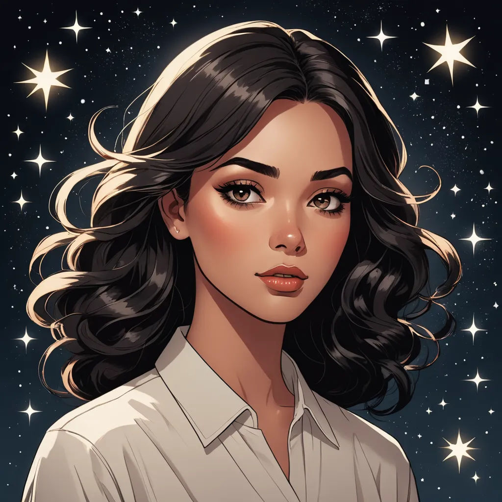 a woman with long hair and a white shirt on a starr background with stars in the sky behind her, space art, a character portrait, Charlie Bowater, character portrait