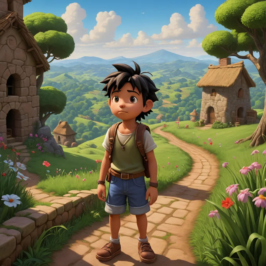 a boy standing on a path in a cartoon style with a village in the background and a green field with flowers, photorealism, a detailed matte painting, Cedric Seaut (Keos Masons), unreal engine highly rendered