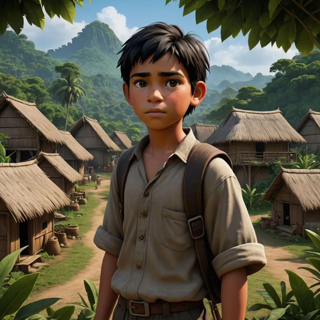 a boy in a village with a backpack on his shoulder and a jungle background with a mountain range in the distance, photorealism, a detailed matte painting, Eddie Mendoza, unreal engine 5 rendered