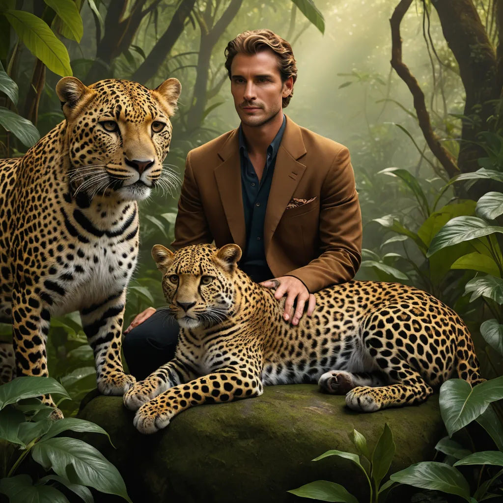 a man sitting on a rock with two leopards in the jungle behind him and a woman standing next to him, naturalism, a photorealistic painting, Adam Willaerts, promotional image