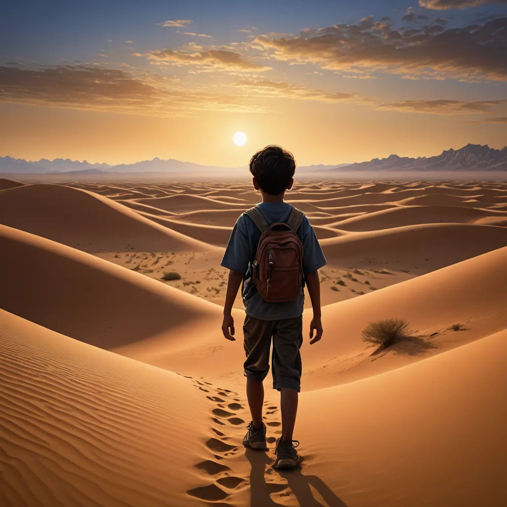 a boy with a backpack walking across a desert at sunset or dawn with the sun setting behind him and the sand dunes, art photography, a detailed matte painting, Amir Zand, desert