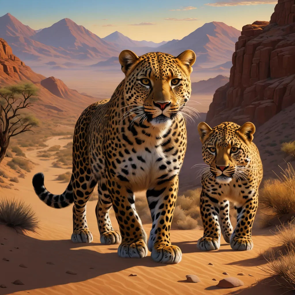 a painting of two leopards in the desert with mountains in the background and a desert landscape in the foreground, fantastic realism, an airbrush painting, Brothers Hildebrandt, highly detailed digital painting