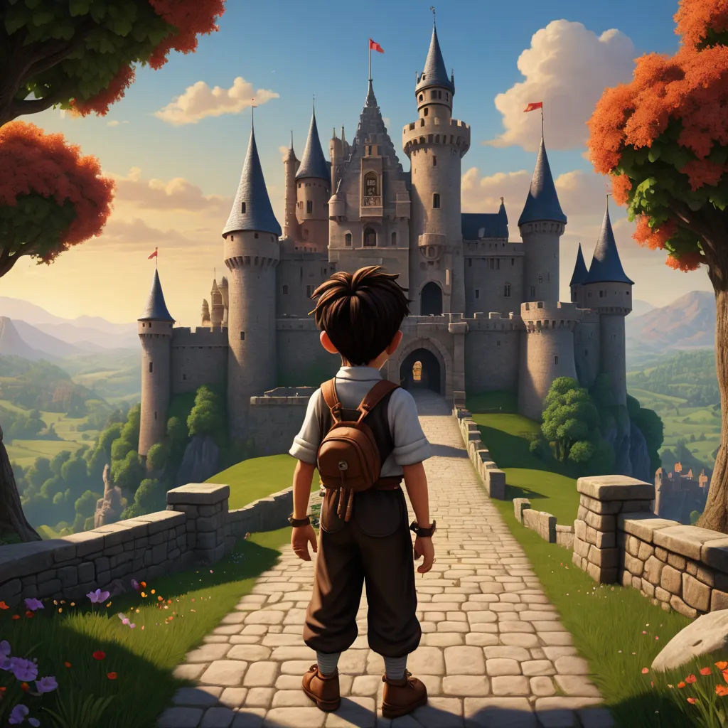 a boy with a backpack is looking at a castle in the distance with a path leading to it and a path leading to it, fantasy art, a detailed matte painting, Cliff Childs, rossdraws global illumination