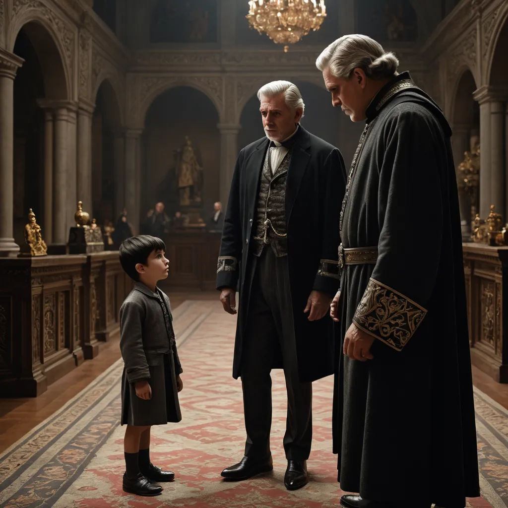 a man and a little boy standing in a room with a chandelier and a chandelier, arts and crafts movement, a detailed matte painting, Edward George Handel Lucas, vfx