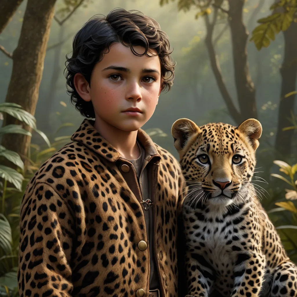 a boy in a leopard print jacket holding a baby leopard in a jungle setting with trees and bushes in the background, photorealism, a photorealistic painting, Drew Struzan, photoreal