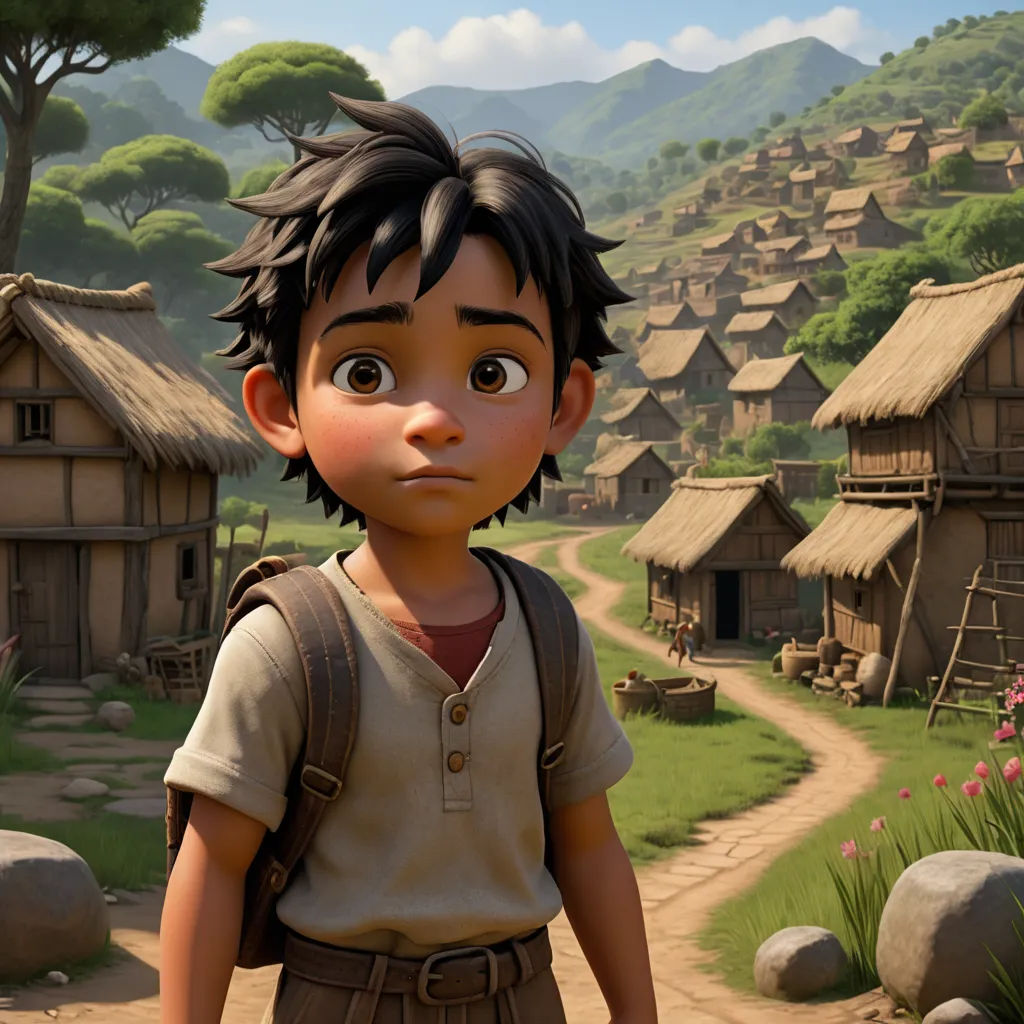 a cartoon character standing in front of a village with a dirt road and grass covered hills in the background, photorealism, a detailed matte painting, Eddie Mendoza, unreal engine highly rendered