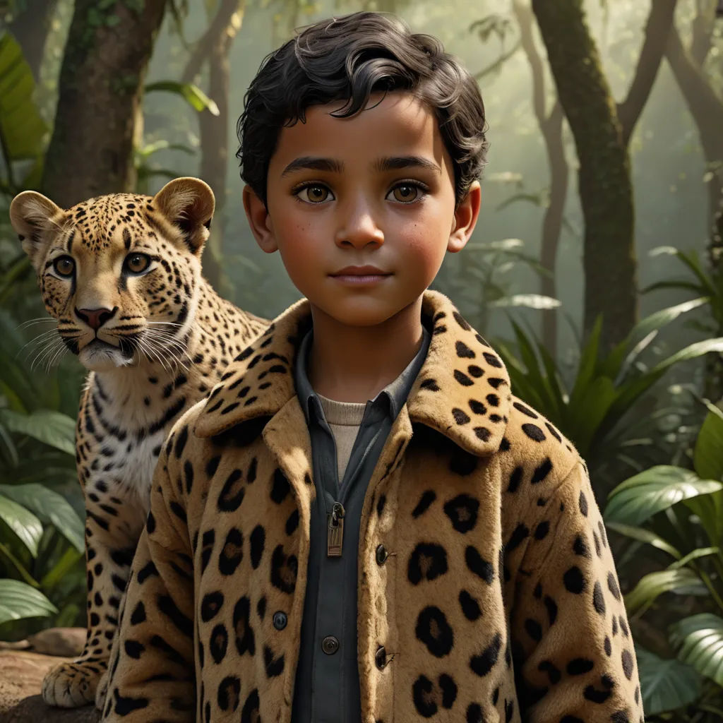 a boy in a leopard coat standing next to a leopard cub in a jungle setting with trees and bushes, photorealism, a poster, Eddie Mendoza, promotional image