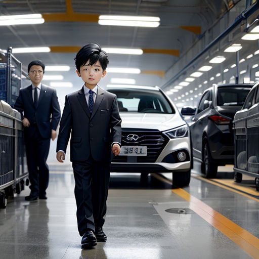 a young boy in a suit walking down a hallway next to a car and another man in a suit