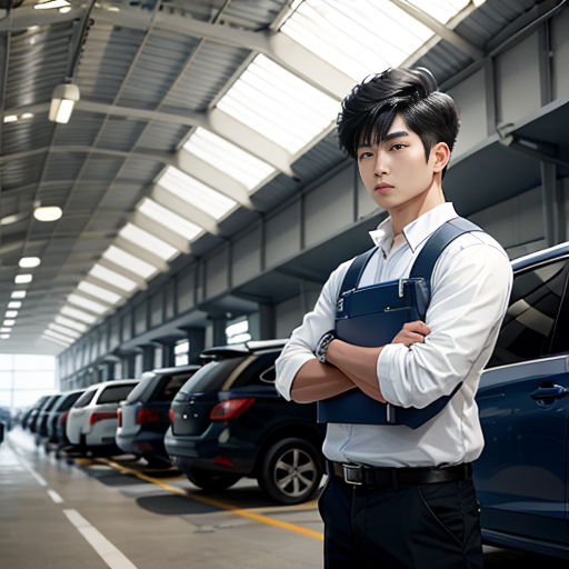 a man standing in front of a row of parked cars in a garage with his arms crossed and his arms crossed