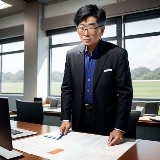 a man in a suit standing at a desk with a laptop and papers in front of him and a window