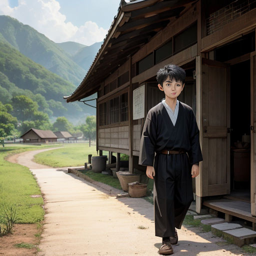 a young boy in a black outfit standing in front of a building with mountains in the background and a path leading to a building