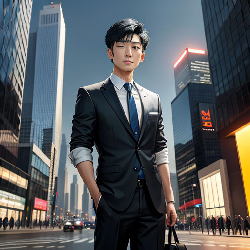 a man in a suit and tie standing in the middle of a city street with a briefcase in his hand