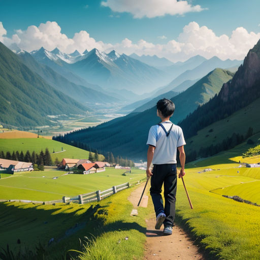 a man walking up a dirt path in the mountains with a cane in his hand and a view of a valley below